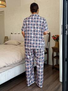 Napfluff CURVE Napfluff CURVE Plaid Print Lapel Short Sleeve & Long Pants Pajama Set, Plus Size - Multicolor - View 2