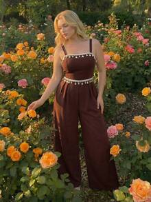 SHEIN MOD Plus Size Brown Elegant Beach Resort Long Jumpsuit, Spring/Summer Shell Element Woven Belt Jumpsuit Boho Jumpsuit For Women Bohemian Jumpsuit Festival Outfits For Women Hippie Jumpsuit Bohemian Outfit For Women - Brown - View 7
