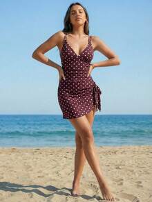 Swim Mod 女士波点印花侧结休闲吊带泳衣 - 粉色 - 查看 5