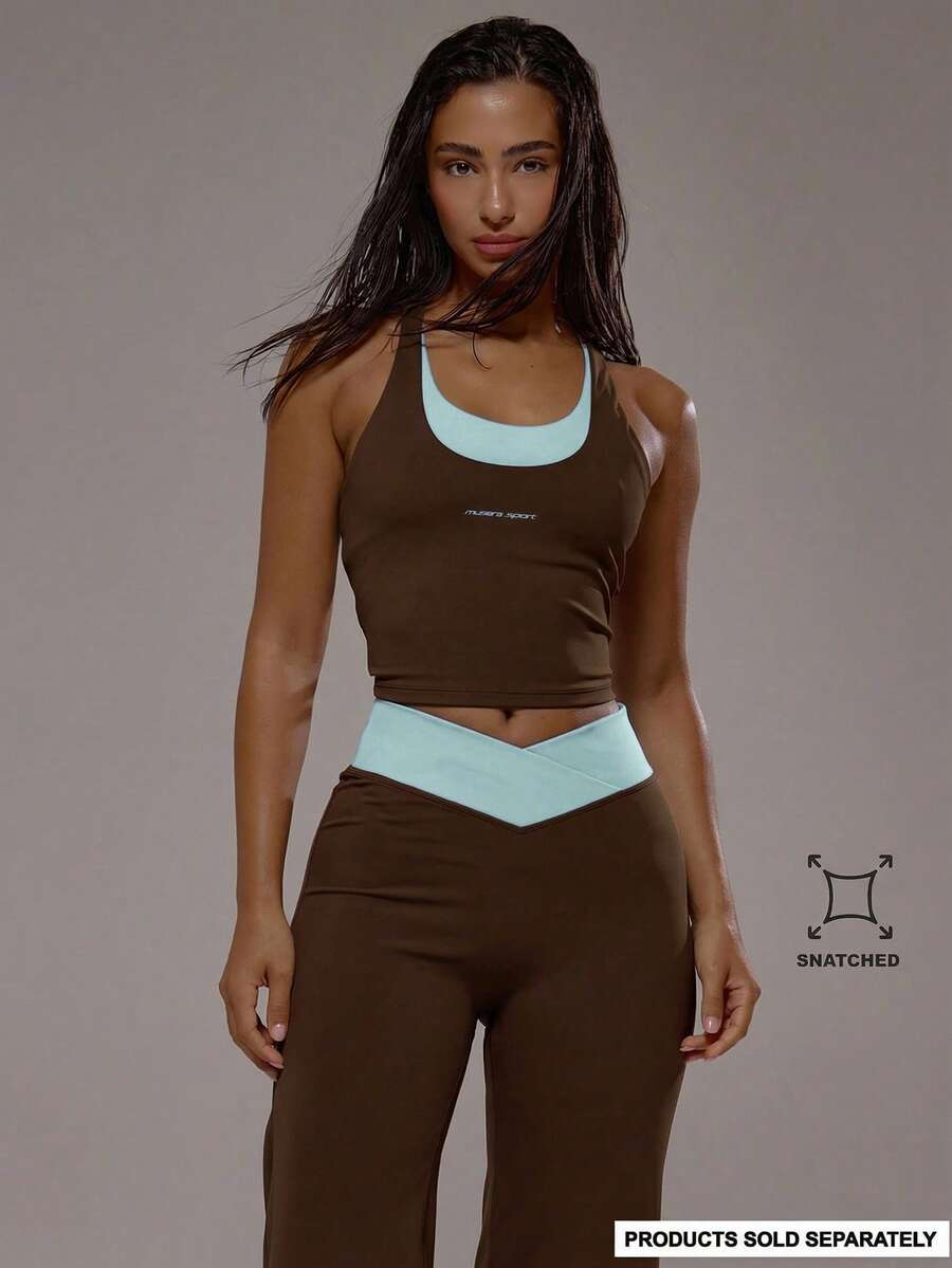 Musera Sport 交叉露背叠层运动上衣(仅限运动套装) 健身锻炼 健身房 普拉提 日常休闲 烟晶色 - 巧克力棕 - 查看 1