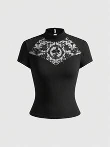 ROMWE Goth 哥特风刺绣网纱修身女式上衣 - 黑色 - 查看 5