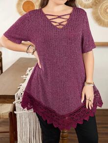 Lacomfia Women's V-Neck Short Sleeve Fitted Asymmetrical Hem Lace Patchwork Versatile Elegant Plus Size T-Shirt - Burgundy - View 8