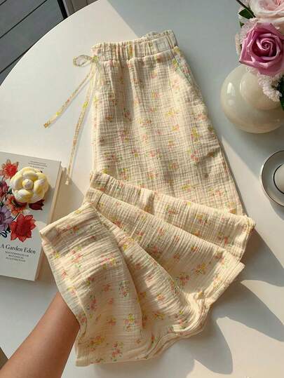 Comfortcana Quần ống rộng dáng suông, màu trơn, chất liệu vải nhăn, có dây rút, chất liệu cotton nguyên chất, thích hợp cho kỳ nghỉ hè, cỡ lớn.