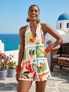 Travachic 2026 New Women's Halter Neck Printed Backless Tie-Up Crop Top + Shorts 2 Pieces Set - Multicolor - View 4