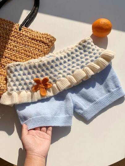 Comfortcana 女士撞色荷叶边3D花卉装饰针织短裤