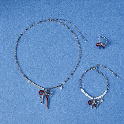 Popjeli Silver Bow Red Drip Oil Cute Necklace Ring Bracelet,Y2K/Cute/Colorful/Chic,For Mom/Women/Girl/Mother,Summer/Beach/Prom/Part/Vacation/Travel,PINK,Heart