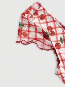 ROMWE 女士格子樱桃印花蝴蝶结装饰修身休闲短袖T恤 - 紅白色 - 查看 3