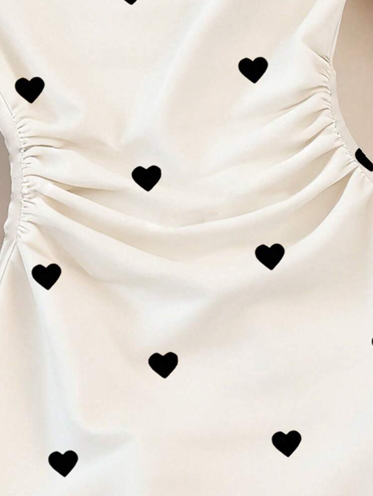 SHEIN Teen Girls Black Heart Stripe Print Sleeveless Dress, Suitable For Spring, Summer, Autumn, Perfect For Outings, Casual Wear, Comfortable Minimalist Classic Fitted Dress For Girls And Girl