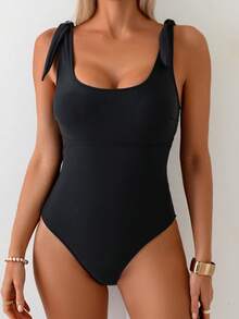 Swim Lushoire Áo tắm liền thân đơn sắc tối giản, màu trơn, dây đeo rộng, buộc lưng, khoét lỗ thời trang dành cho nữ, mùa hè. - màu đen - Xem 5