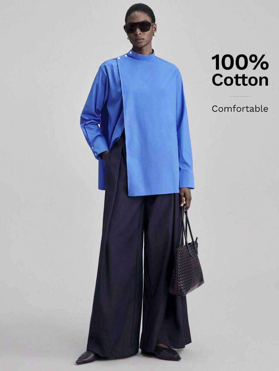 Women's Cornflower Blue Shirt,Autumn Stand Collar Long Sleeve Asymmetric Wrap Top,Minimalist Elegant Office Smart Casual Business Blouse