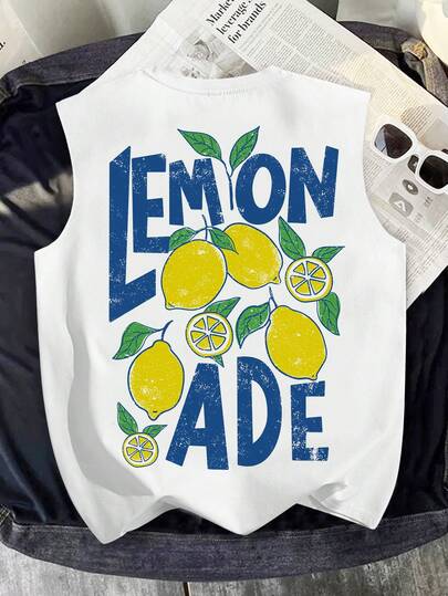 男童休闲简约度假风背心，植物柠檬印花，宽松舒适宽肩圆领设计，适合夏季穿着