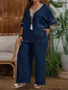 EMERY ROSE Plus Size Vacation Casual Mesh Patchwork Shirt And Pants 2 Pieces Set - Navy Blue - View 3