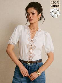 Poéselle Women's White 100% Cotton Blouse,Elegant Scalloped V-Neck Lace-Trim Puff-Sleeve Cottagecore Top,Vintage Summer Eyelet Shirt For Tea Party,Beach Outfit - White - View 4