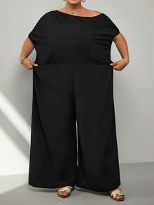 SHEIN CURVE+ 2026春夏新款女士加大码优雅派对/约会/毕业季网纱黑色单肩褶裥装饰斜肩超长阔腿裤梭织纹理面料连体裤 - 黑色 - 查看 3