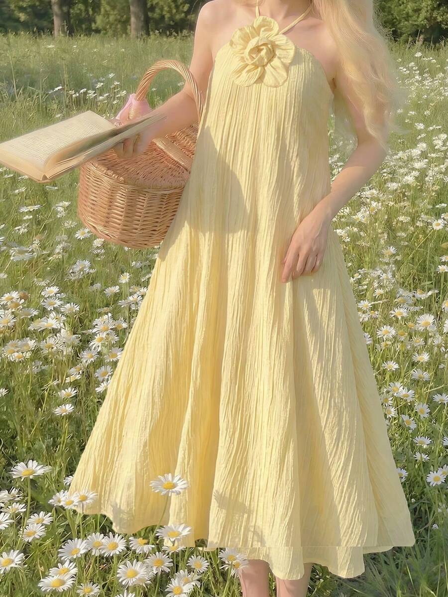 SHEIN 女孩休闲度假优雅3D立体花卉露背开衩连衣裙，波西米亚风连衣裙，浅黄色连衣裙 - 黃色 - 查看 1