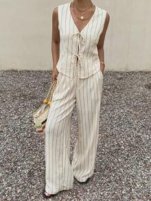 DAZY Frühlings- und Sommer-Lässig-Urlaubs-Gestreiftes ärmelloses Top und gerade geschnittene weite Hose 2 Stücke Set für Frauen, Loungewear-Sets für Frauen - Beige - Übersicht 4