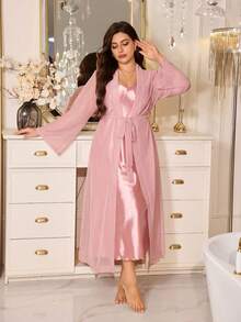 MuseNap CURVE Gaun Tidur Panjang Transparan Berwarna Pink Ukuran Plus dengan Tali Satin Elegan - Berwarna merah muda - View 6