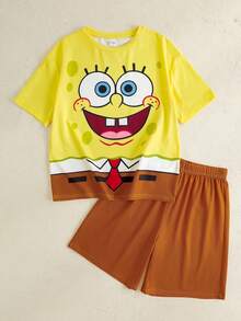 SpongeBob SquarePants | SHEIN Tween Boy Cute Cartoon Print Loose Fit Short Sleeve Top And Shorts Pajama Set, Summer - Multicolor - View 1