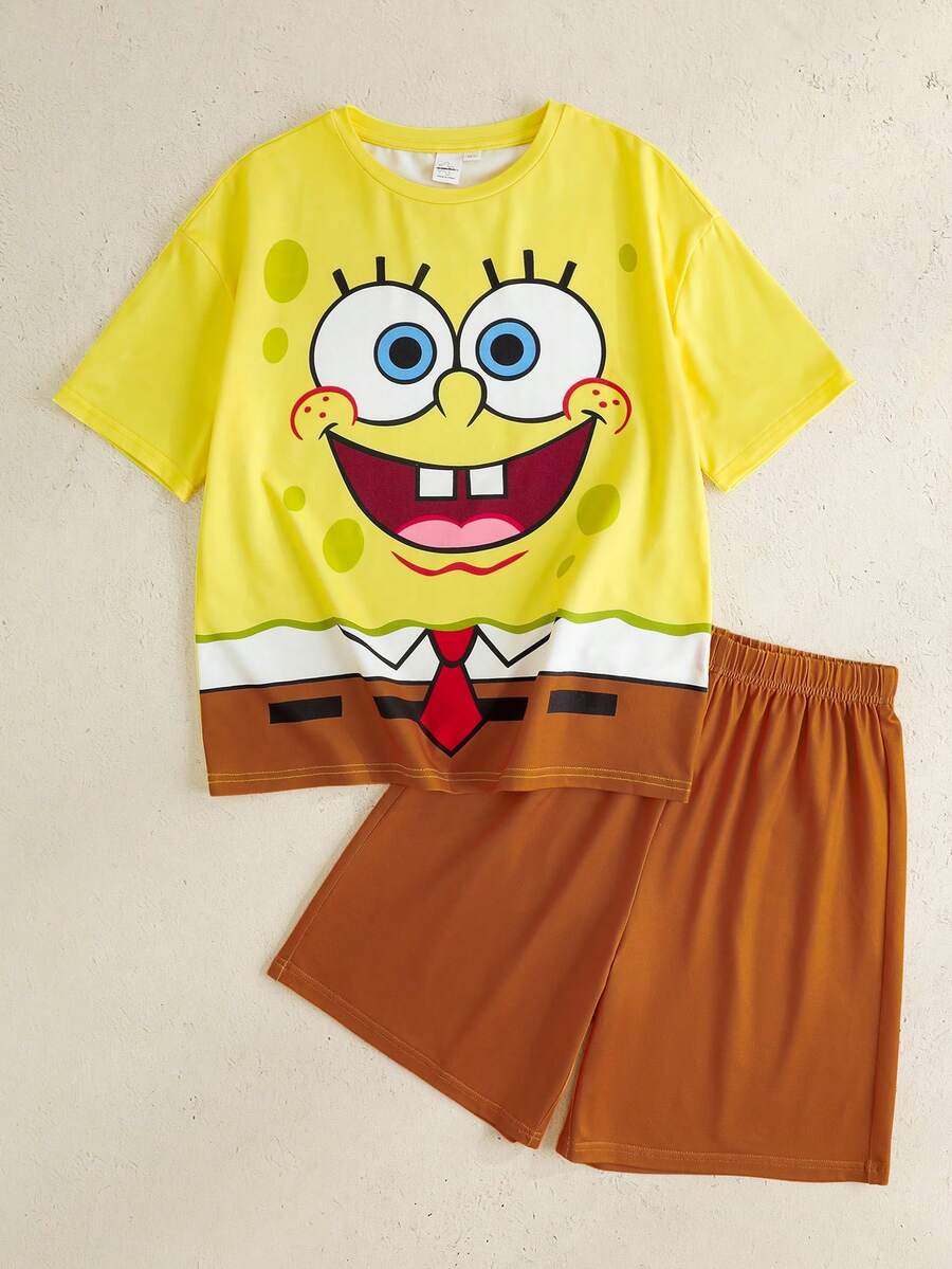 SpongeBob SquarePants | SHEIN Tween Boy Cute Cartoon Print Loose Fit Short Sleeve Top And Shorts Pajama Set, Summer - Multicolor - View 1