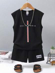SHEIN Streecool Kids 6pcs/Set Young Boys Loose Casual Sports Sleeveless Vest With Printed Patterns And Matching Shorts Set,Suitable For Summer Holiday,Travel,Sunbathing - Multicolor - View 5