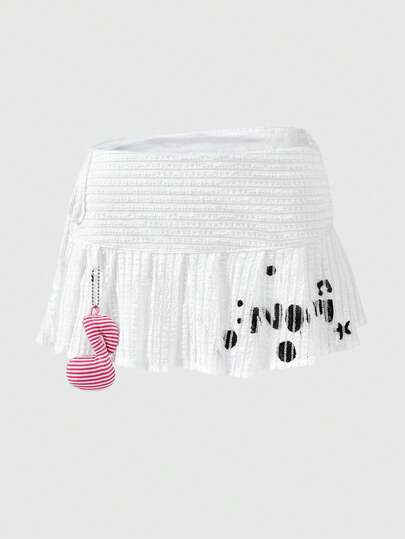 ROMWE Anime 1件可爱学院风Y2K白色纹理荷叶边裙摆延长带，饰有音符图案，侧边系带多层裙撑，适合搭配牛仔裤、休闲裤，学院风美学裙帘