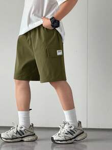 3pcs Tween Boy Loose Olive Green Summer Casual Hiking Woven Solid Color Sports Workwear Shorts,Simple Basic Versatile Multi Piece Set For Spring - Army Green - View 4
