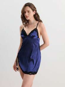 Hourtrue Women's Nightgown, Mature Floral Print Satin Lace Trim Sleepwear Dress, V-Neck Criss-Cross Open Back Spaghetti Strap Slip Dress, Comfortable Robefor Summer - Royal Blue - View 6