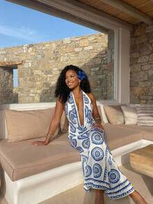 BamGleam 两件套波西米亚非洲印花褶皱露背吊带上衣和松紧腰阔腿裤，休闲沙滩街头风，适合春夏穿着。 - 藍白色 - 查看 5