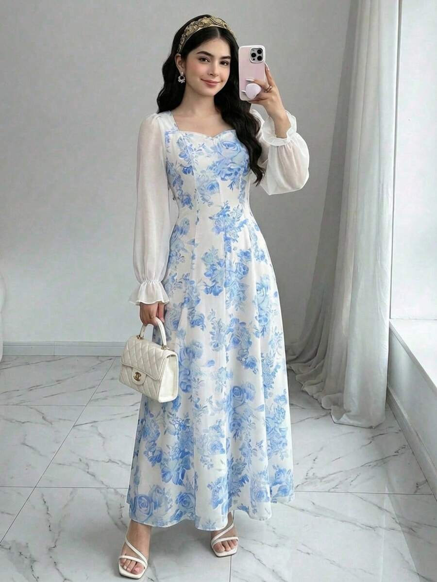 SHEIN Pitira 少女碎花雪纺拼接长袖休闲连衣裙 - 藍白色 - 查看 1