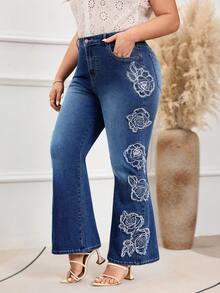 EMERY ROSE Plus Size Women Autumn/Winter Embroidered Washed Denim Jeans - Medium Wash - View 6