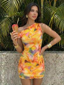 Firerie Đầm mini mùa hè mới dành cho nữ, kiểu dáng hoa văn, vai lệch, gợi cảm, thanh lịch, thích hợp đi nghỉ mát, đầm lưới hoa, đầm cổ lệch, trang phục xuân/hè, đồ đi biển, thanh lịch, gợi cảm, đi nghỉ mát, bãi biển, Hawaii, hẹn hò, tiệc tùng, lễ hội âm nhạc, đầm tốt nghiệp, đầm dạ hội. - Nhiều màu - Xem 5