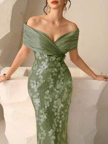 Coutiva 秋冬季优雅方领长袖修身鱼尾裙摆拼接蕾丝刺绣晚礼服、婚纱、派对礼服、圣诞礼服 - 綠色 - 查看 6