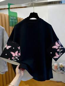 SHEIN 女士蝴蝶印花圆领休闲宽松短袖上衣 - 彩色 - 查看 2