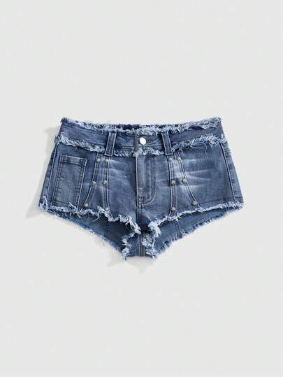 ROMWE Shorts vaqueros de cintura súper baja con decoración de remaches, estilo retro Y2K "baddie" para mujeres, adecuados para festivales de música, fiestas y estilo casual de calle