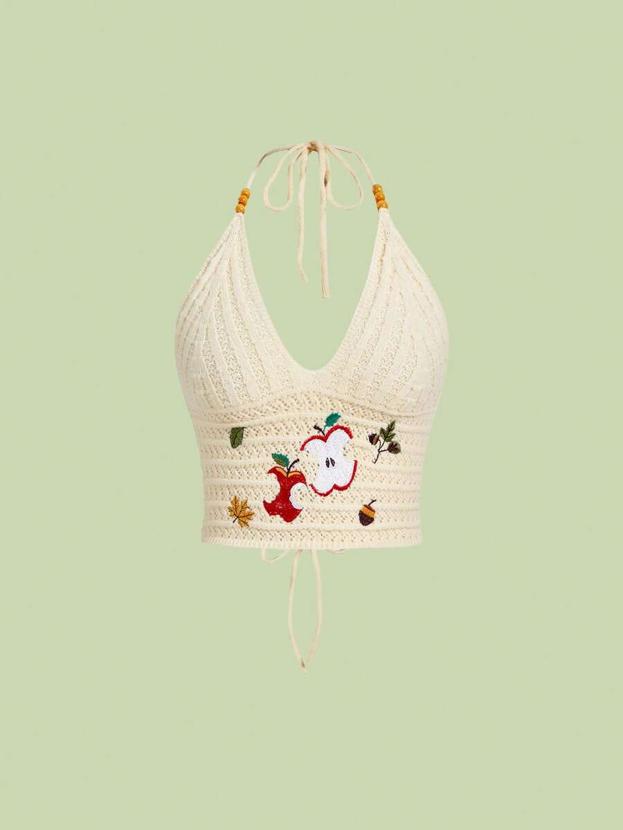 ROMWE Avant 海岛度假休闲日常甜美可爱女孩苹果刺绣女式针织上衣 - 米色 - 查看 1