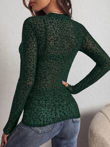 SHEIN PETITE CURVE 大码女式豹纹性感透视圆领休闲上衣 - 綠色 - 查看 2