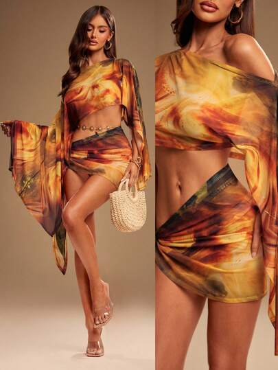 Radiana Women's Sexy Chiffon Two Pieces Set, Printed Shawl Top And Wrap Skirt, Suitable For Beach, Island, And Vacation