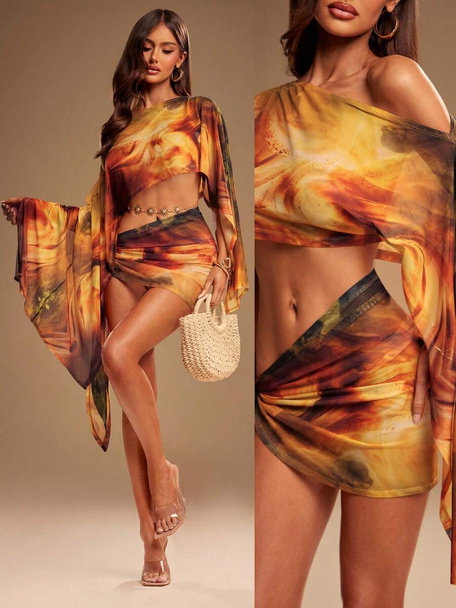 Radiana 女士性感雪纺两件套，印花披肩上衣和裹身裙，适合海滩、海岛和度假穿着 - 彩色 - 查看 1