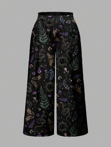 ROMWE Spring/Summer Vacation Flower Black Gothic Dark Mysterious Witch Moth Leaf Plant Butterfly Snake Sun Moon Star Plus Size Loose Wide Leg Allover Print Pants - Black - View 5