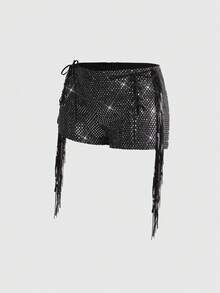 ROMWE Short mini à franges pailletées ultra taille basse avec laçage sexy rétro Y2K, convient pour l'été, la plage, la cérémonie de remise des diplômes, Pâques, les concerts, les vacances, les fêtes, le punk de rue, les festivals de musique et autres occasions - Noir - Voir 12