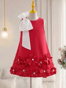 SHEIN 女童撞色圆领无袖3D立体花卉休闲连衣裙 - 紅色 - 查看 4