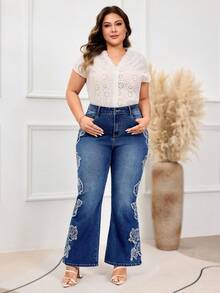 EMERY ROSE Plus Size Women Autumn/Winter Embroidered Washed Denim Jeans - Medium Wash - View 3
