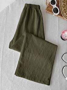 SHEIN Tween女孩休閒極簡舒適中腰直筒百搭長褲 軍綠色 秋冬穿搭 - 軍綠色 - 查看 2