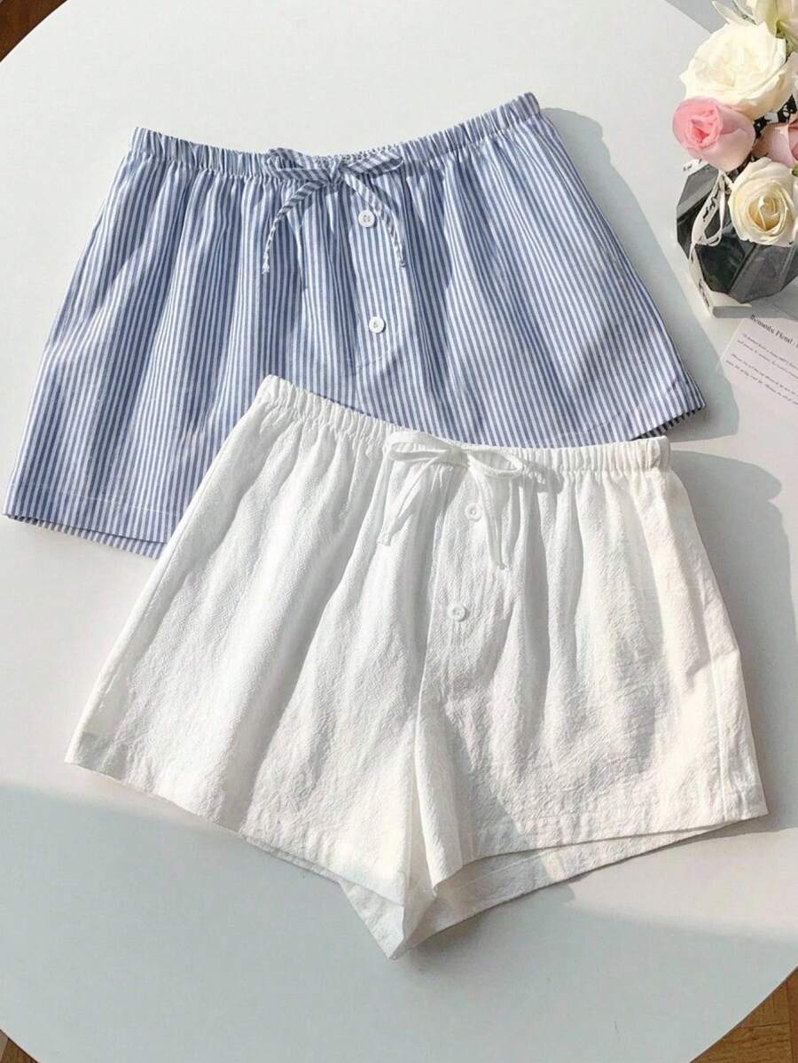 SHEIN 2pcs/Set Teen Girls' Linen Striped & White Casual Shorts With Bow Tie, Activewear Shorts, Loungewear, Summer Clothes, Vacation Outfits - Blue and White - View 1