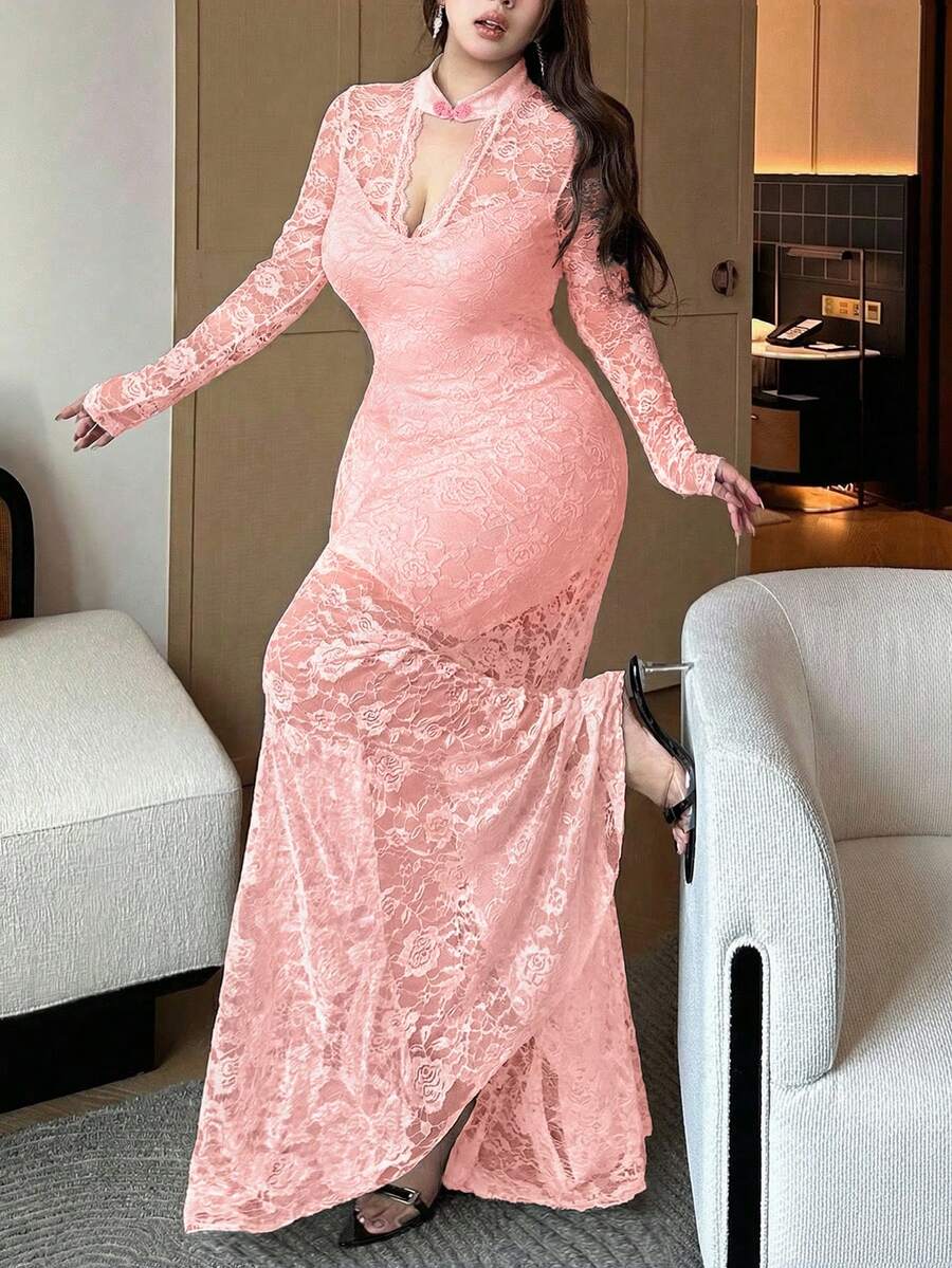 Vibekara 大码女式V领长袖蕾丝拼接镂空美人鱼优雅复古可爱性感修身连衣裙 - 粉色 - 查看 1