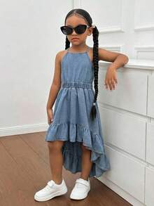 Young Girl' New Fashion Casual Soft Cute Boho Vacation Irregular Hem Blue Denim Pinafore Long Dress Spring Summer,For Kids Girls Spring/Summer Dailywear Outfits,Girls Streetwear Outfits,Beach Vacation Outfits For Girls ,Girls Summer Boho Outfits,Casual Clothes For Girls ,Elegant Dresses For Girls ,Toddler Dress ,4-Year-Old Girls Dress ,Summer Dress ,Casual Dress - Light Wash - View 5