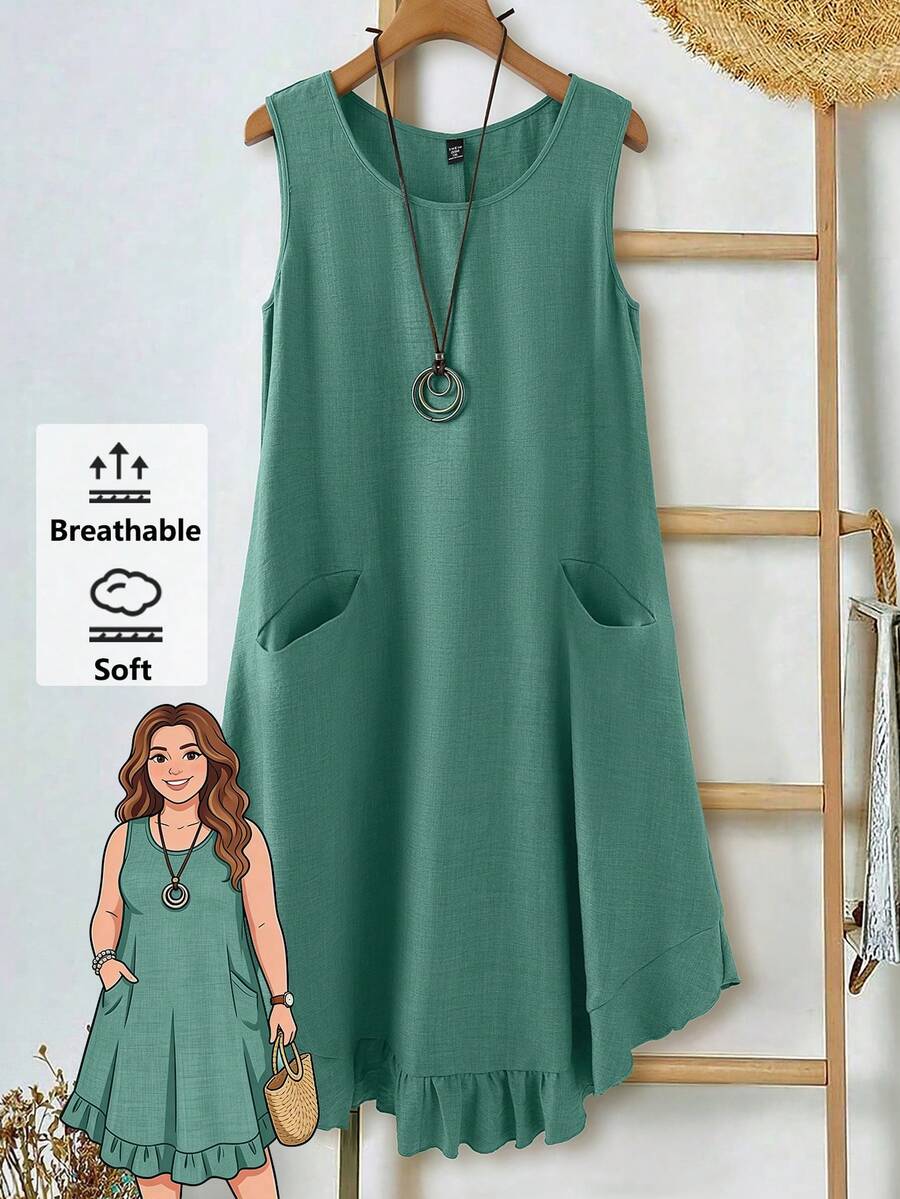 Rusticease Plus Size Solid Color Minimalist Casual Round Neck Sleeveless Dress - Blue Day - View 1
