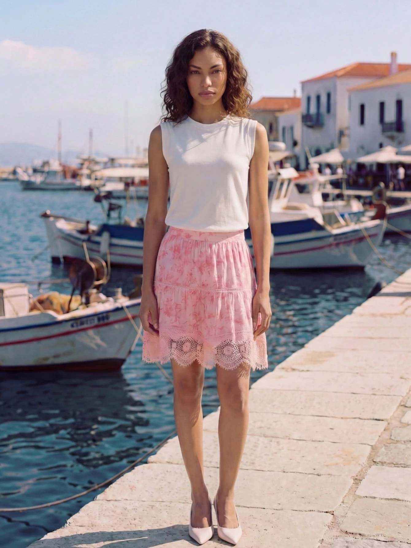 Pink Viscose Midi Skirt With Floral Print And Lace Detail Cute Spring Summer Vacation Skirt Holiday Outfit French Style Parisian Style