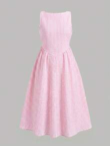 SHEIN Đầm casual kẻ sọc cổ vuông không tay cho bé gái tuổi teen - Hồng - Xem 2