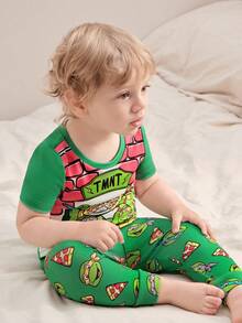 TEENAGE MUTANT NINJA TURTLES | SHEIN Bộ đồ mặc nhà 2 món cho bé trai, in hình hoạt hình, cổ tròn, tay ngắn và quần legging. - Nhiều màu - Xem 5